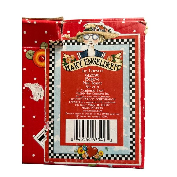Vintage Enesco Mary Engelbreit Believe Mini Teapot & Cups Collectible Set Santa - Picture 10 of 11